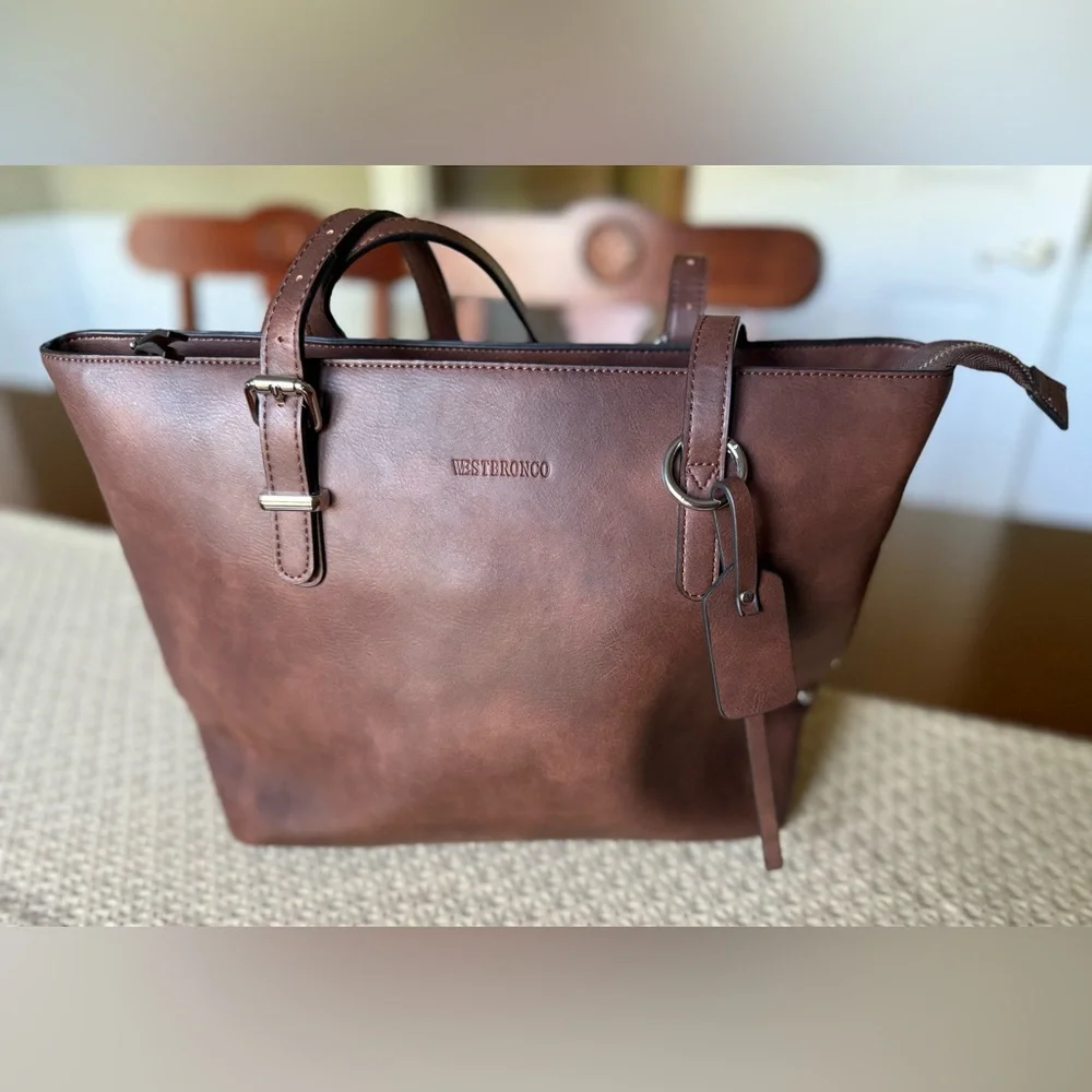 Westbronco Vegan Leather Tote Bag in Coffee Color - Picture 1 of 14